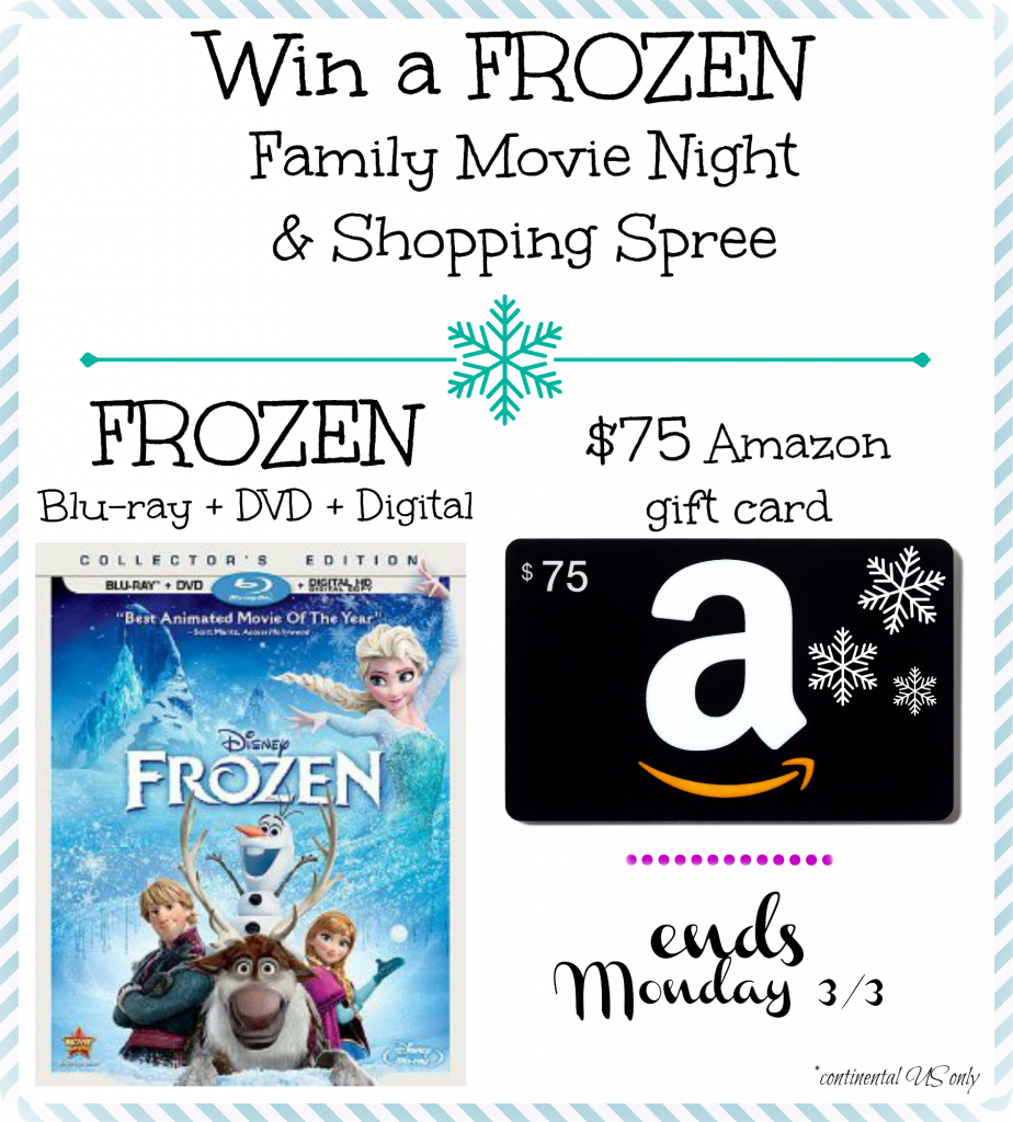 Win a FROZEN Blu-ray + DVD + Digital Copy & $75 Amazon Gift Card.