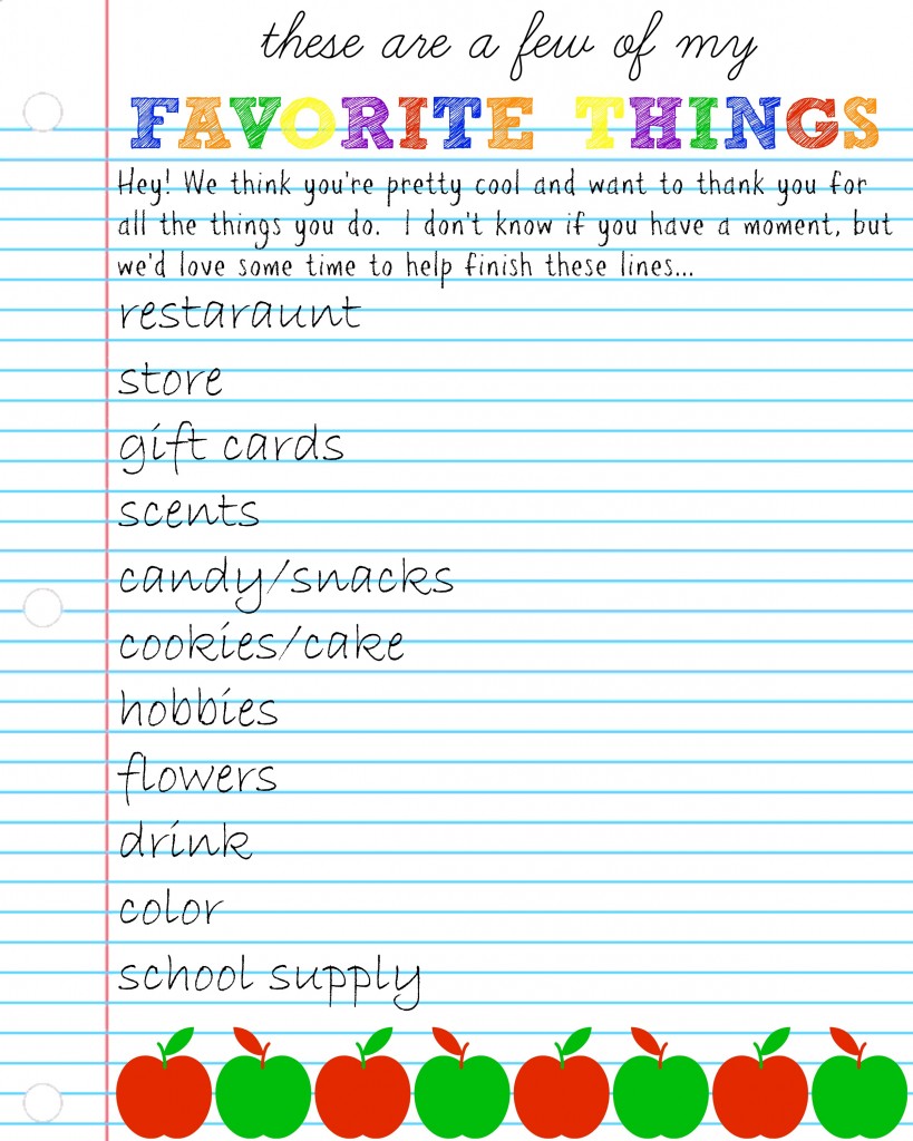 Free Teacher Favorite Things Form Printable