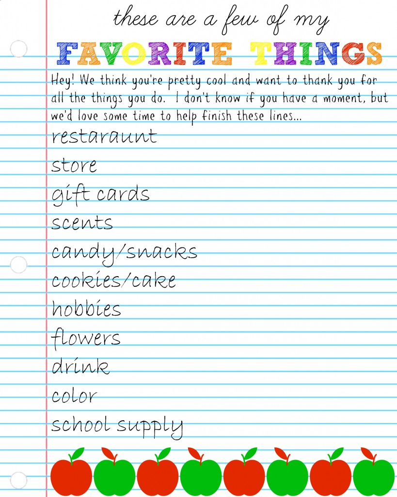 Teacher Appreciation Week Questionnaire Gift Ideas Teacher Favorite Things Teacher