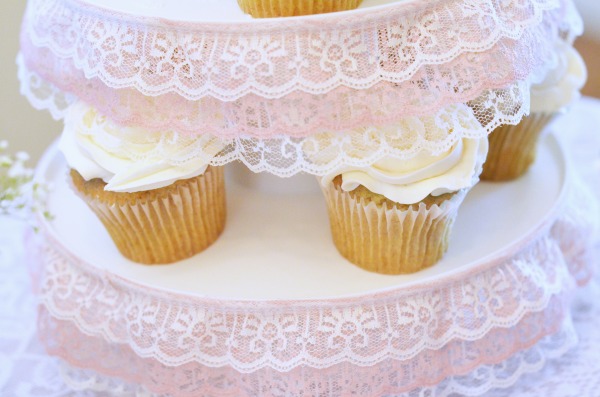 Shabby Chic Baby Shower | Lace embellished cupcake tower