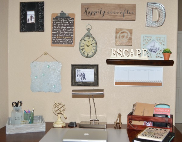 Desk Gallery Wall + Plus learn how to make DIY Frosted Mason Jar Desk Organizer