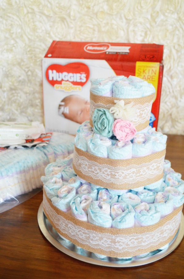 DIY Vintage Lace & Burlap Diaper Cake + Shabby Chic Baby Shower. AD @Costco #SuperAbsorbent