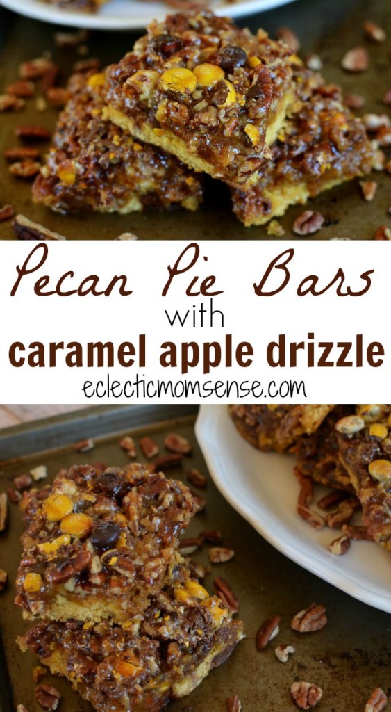 Pecan Pie Bars with Caramel Apple Drizzle- A delicious cookie/cake hybrid crust with an easy pecan pie filling and a drizzle of homemade apple juice caramel. #BakeInTheFun [ad]