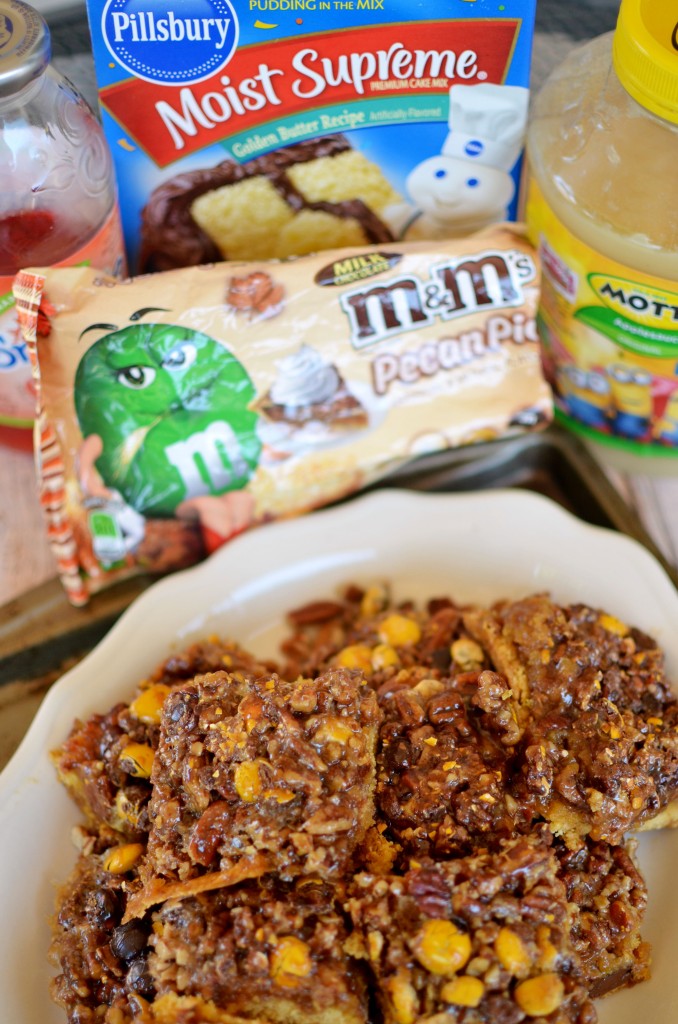 Pecan Pie Bars with Caramel Apple Drizzle- A delicious cookie/cake hybrid crust with an easy pecan pie filling and drizzle of homemade apple juice caramel. #BakeInTheFun [ad] #bakeinthefuncontest