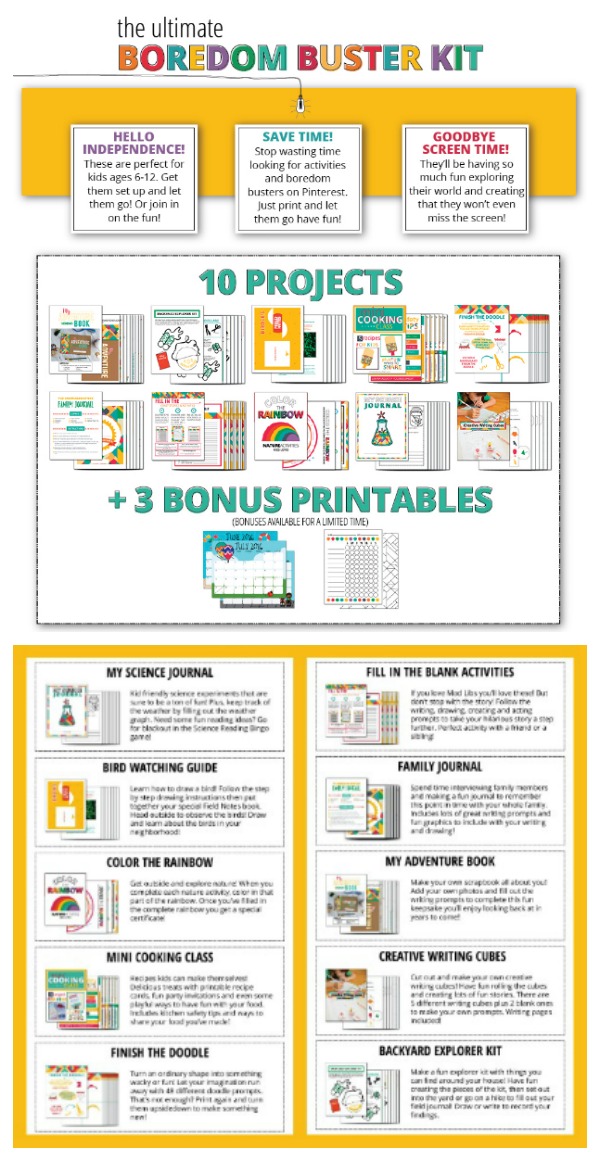 Printable Boredom Buster Activity Sheets | Kick the summer boredom slump with these sets all ready for creativity and adventure.