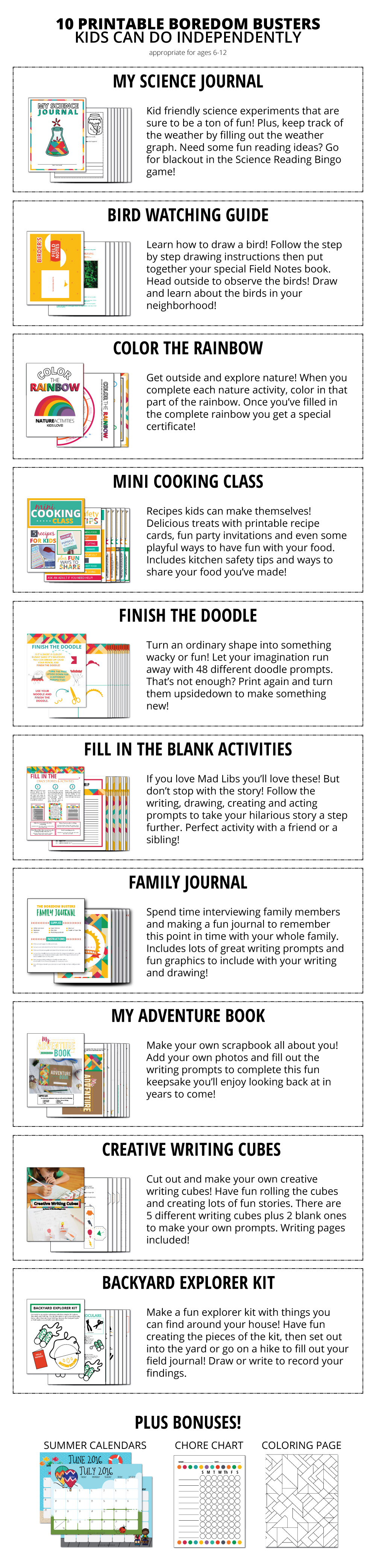 Printable Boredom Buster Activity Sheets | Kick the summer boredom slump with these sets all ready for creativity and adventure.