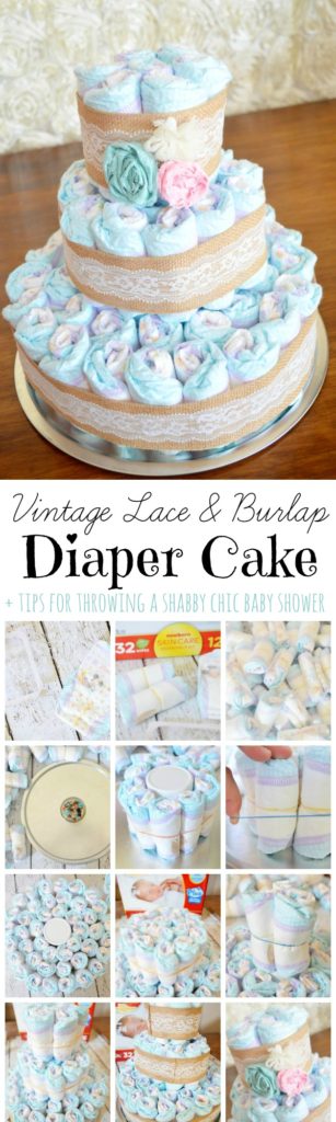 DIY Vintage Lace & Burlap Diaper Cake + Shabby Chic Baby Shower. 