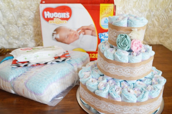 DIY Vintage Lace & Burlap Diaper Cake + Shabby Chic Baby Shower. AD @Costco #SuperAbsorbent