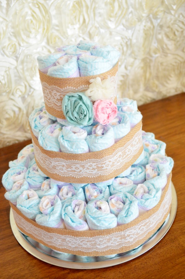 DIY Vintage Lace & Burlap Diaper Cake + Shabby Chic Baby Shower.