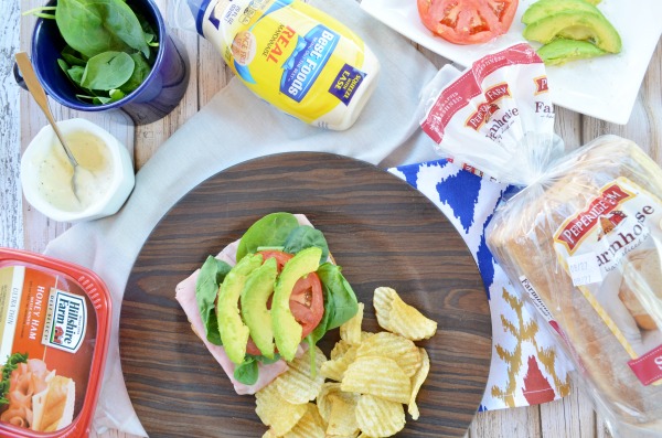 California Open Faced Sandwich with delicious @PepperidgeFarm bread | Avocado, Ham, Tomato, and Spinach. #ad #SandwichWithTheBest