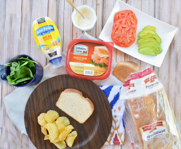 California Open Faced Sandwich with delicious @PepperidgeFarm bread | Avocado, Ham, Tomato, and Spinach. #ad #SandwichWithTheBest