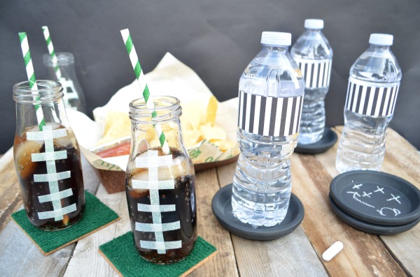 It's game time! Checkout these easy football coasters and DIY drink containers. #ad #HandsOnCrafty