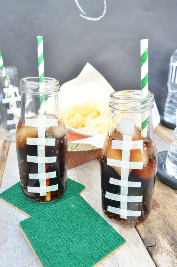 It's game time! Checkout these easy football coasters and DIY drink containers. #ad #HandsOnCrafty