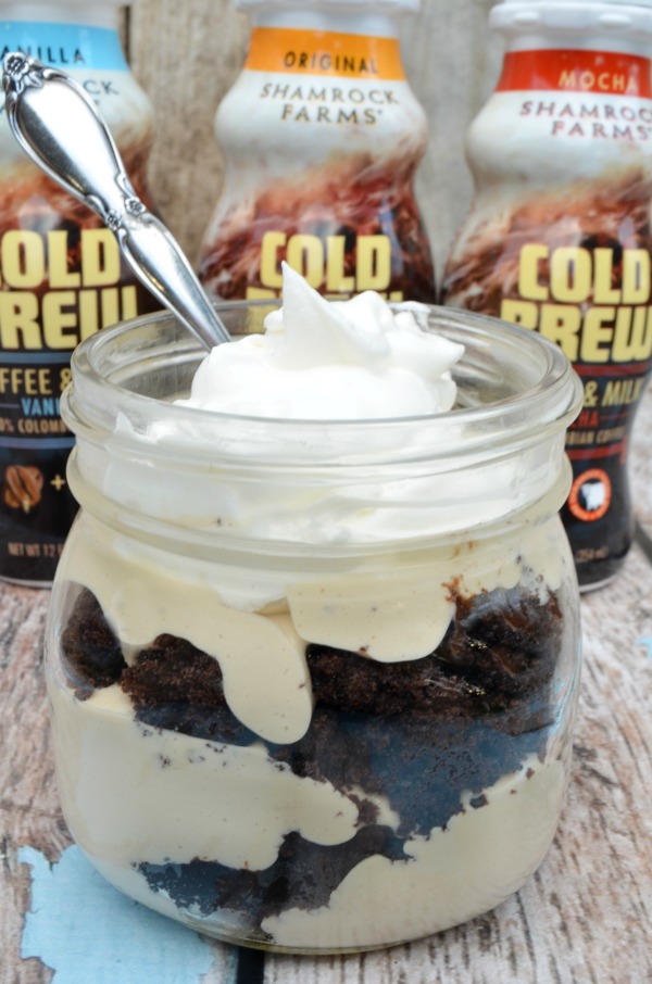 Mocha Cheesecake Trifle. Delicious layers of cake and cold brew cheesecake filling. #ad 