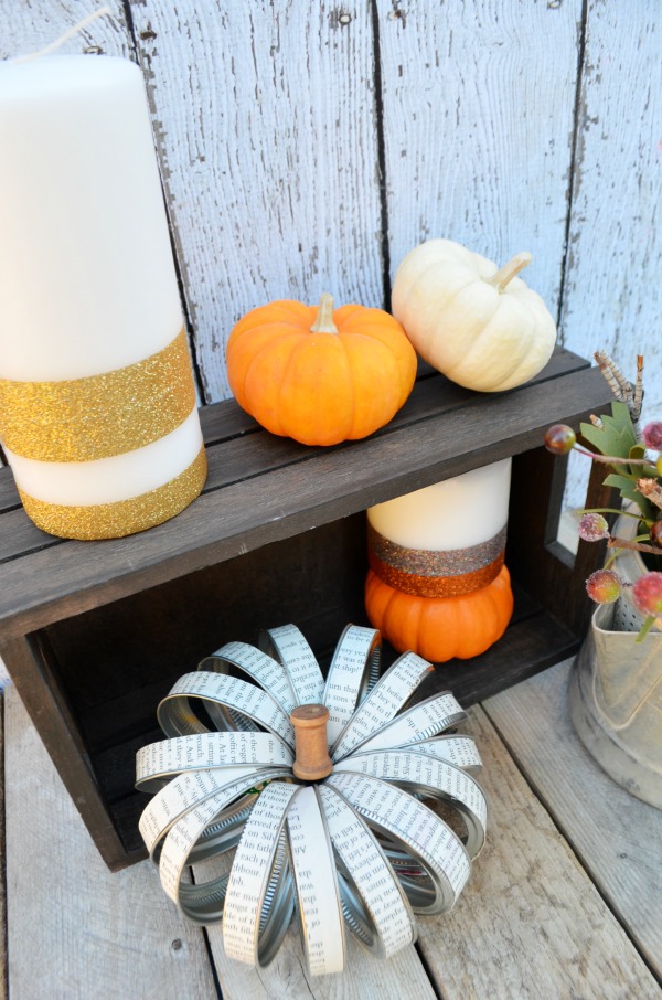 Mason Jar Lid Pumpkin + Glitter Pillar Candles